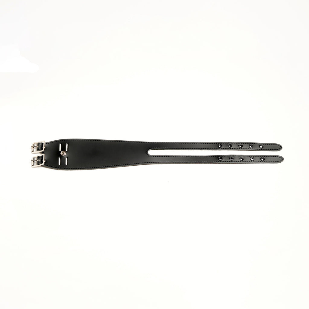 Addicted Excessories wraparound leather bracelet with black stitching and black eyelets, detail view, gothic boutique, handcrafted in Montreal Quebec Canada
