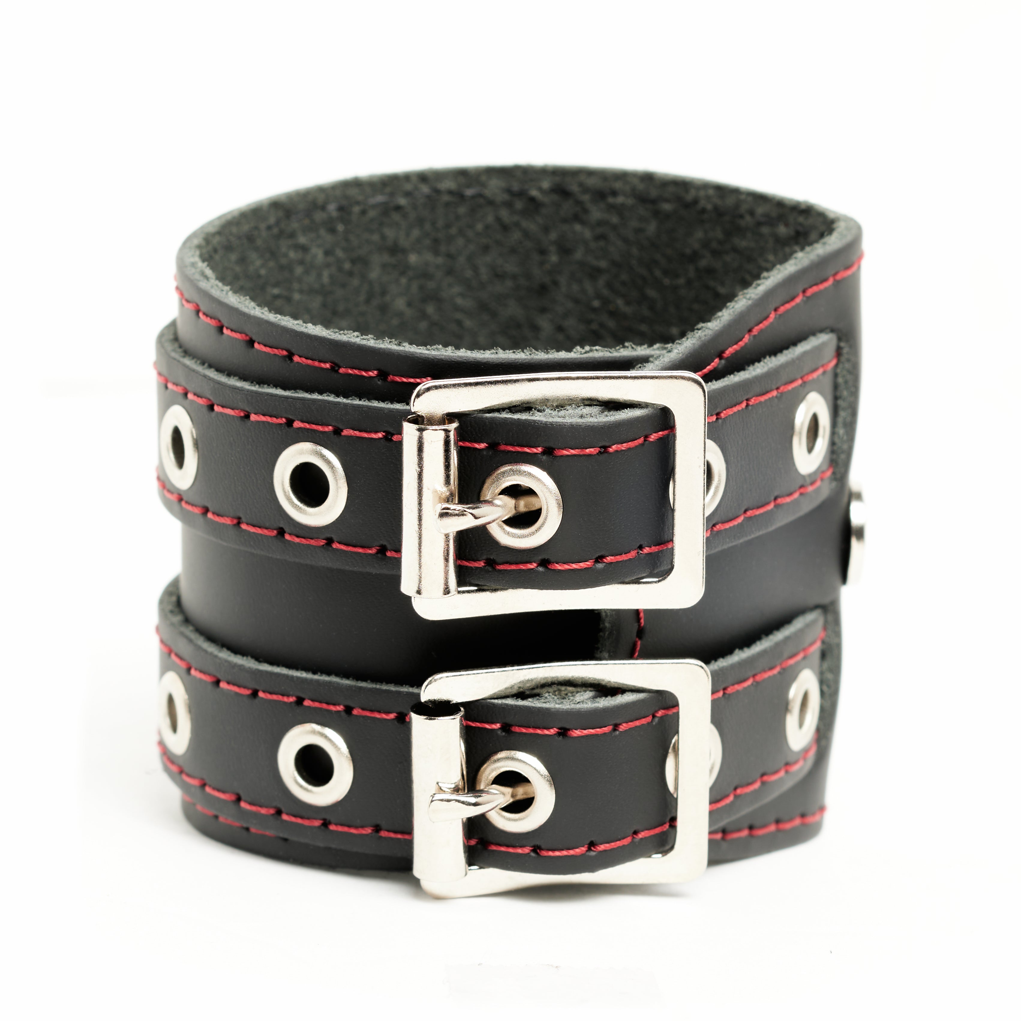Addicted Excessories wraparound leather bracelet with red stitching and silver eyelets, gothic boutique, handcrafted in Montreal Quebec Canada
