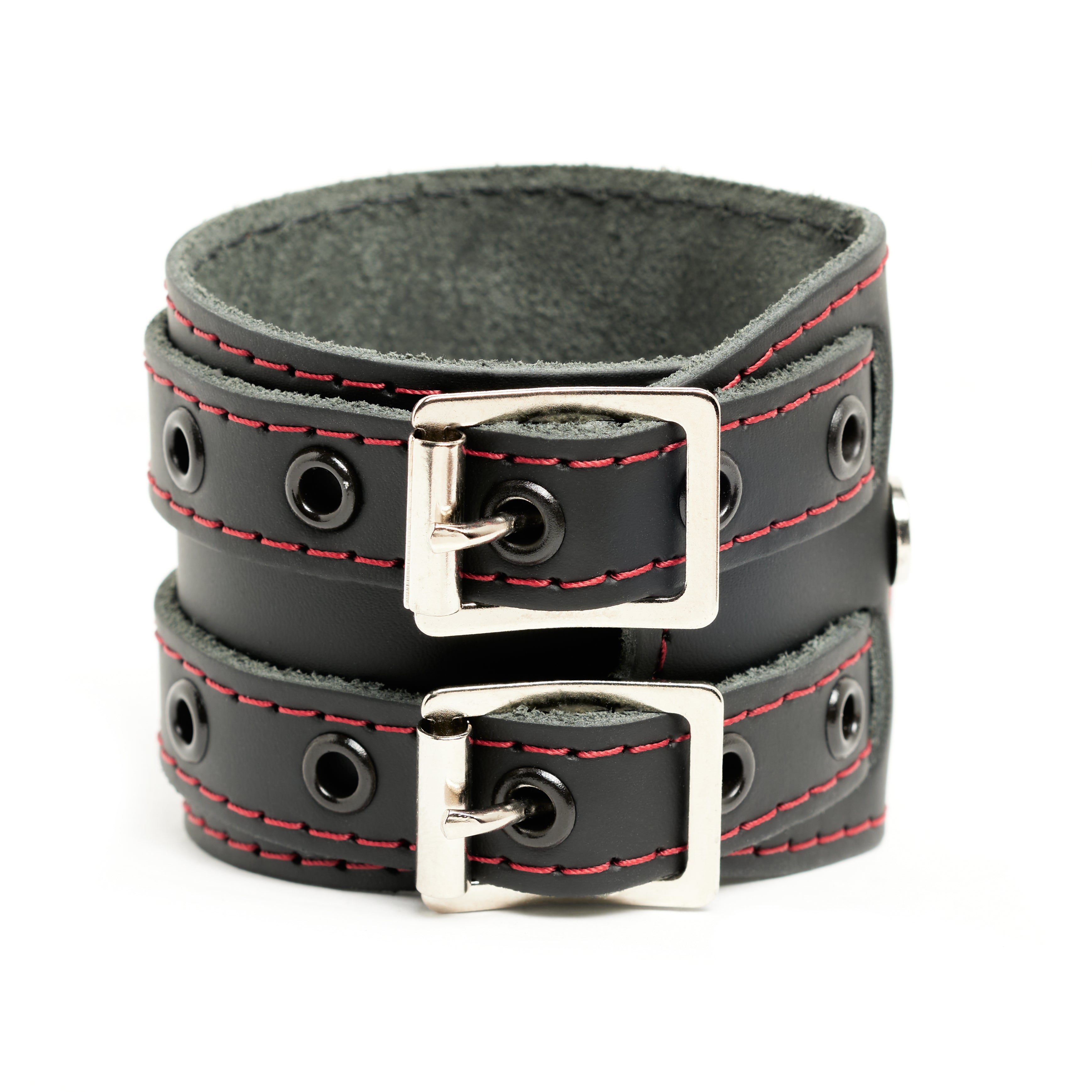 Addicted Excessories wraparound leather bracelet with red stitching and black eyelets, gothic boutique, handcrafted in Montreal Quebec Canada
