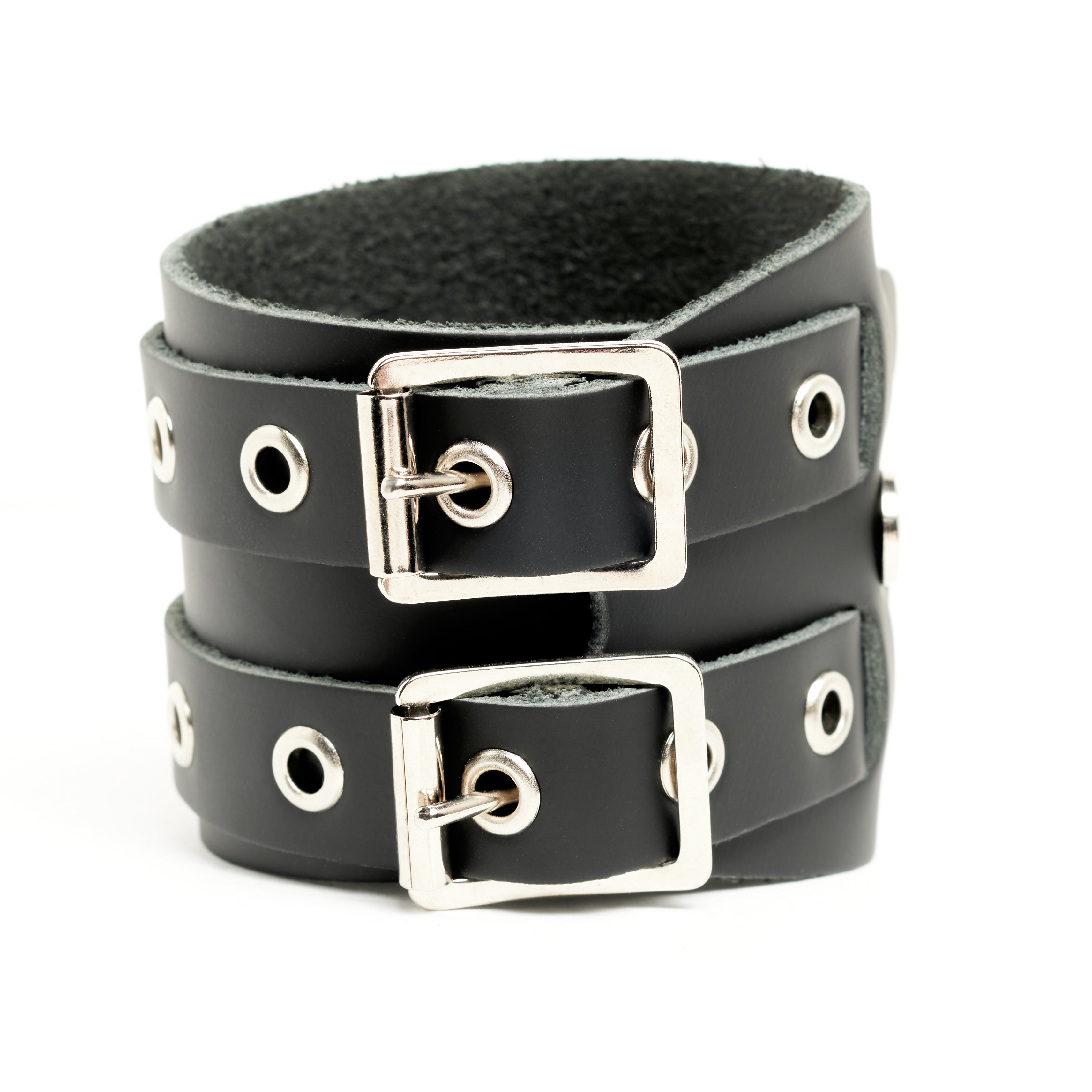 Addicted Excessories wraparound leather bracelet with silver eyelets, gothic boutique, handcrafted in Montreal Quebec Canada
