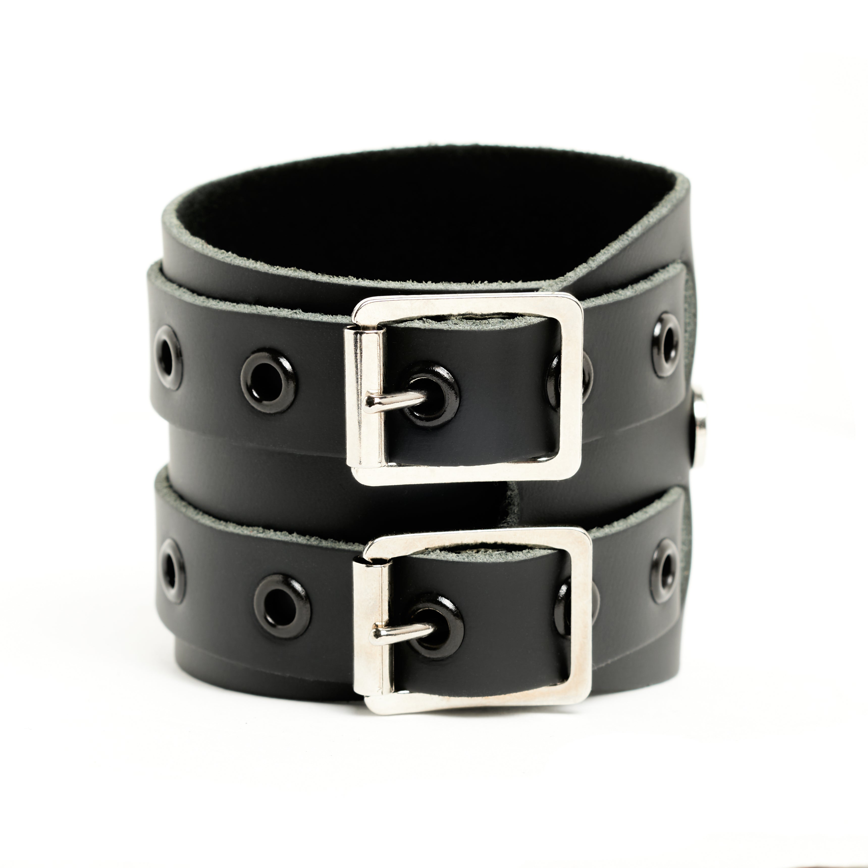 Addicted Excessories wraparound leather bracelet with black eyelets, gothic boutique, handcrafted in Montreal Quebec Canada


