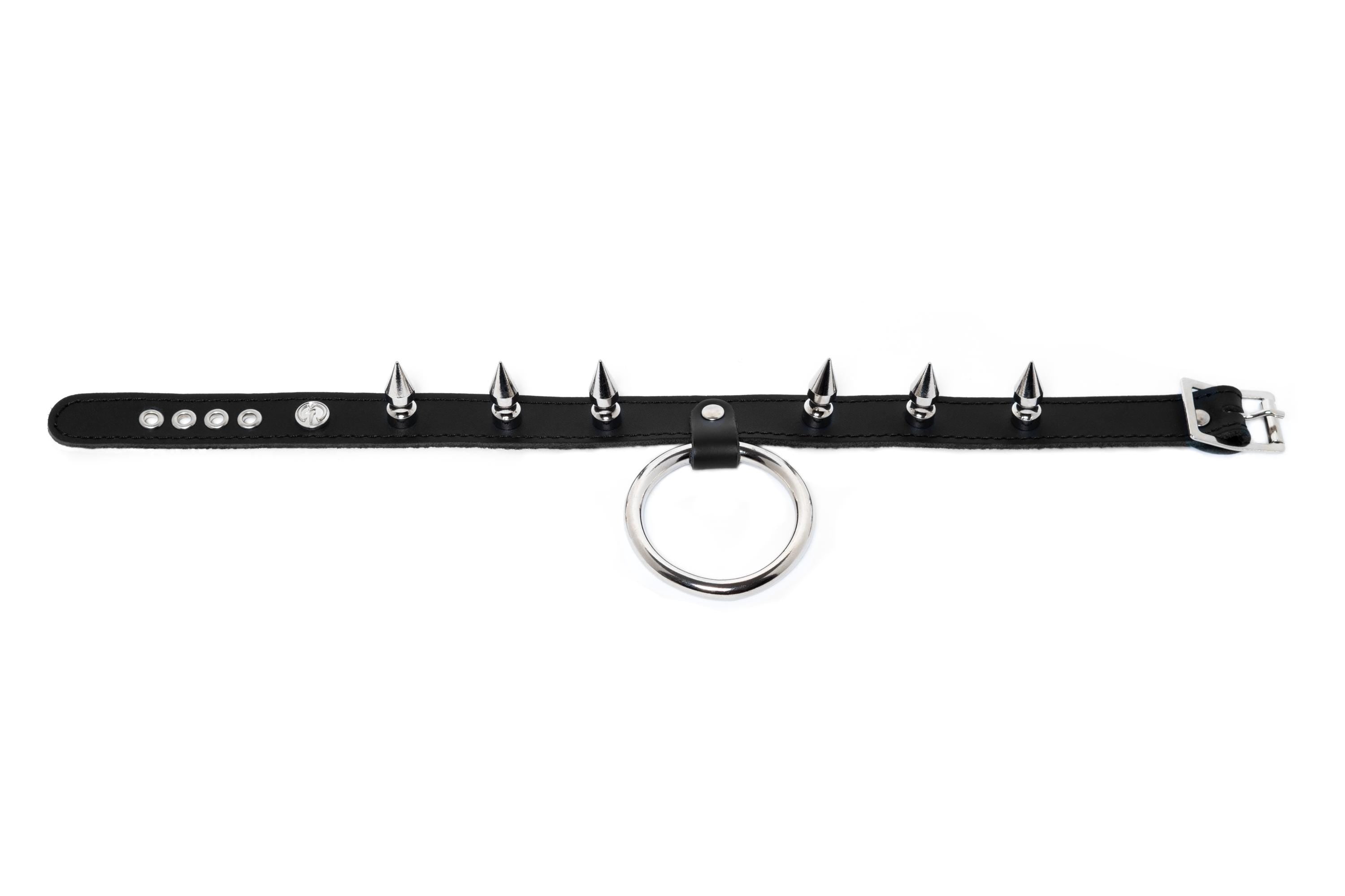 Collier de cuir clouté avec un gros anneau.