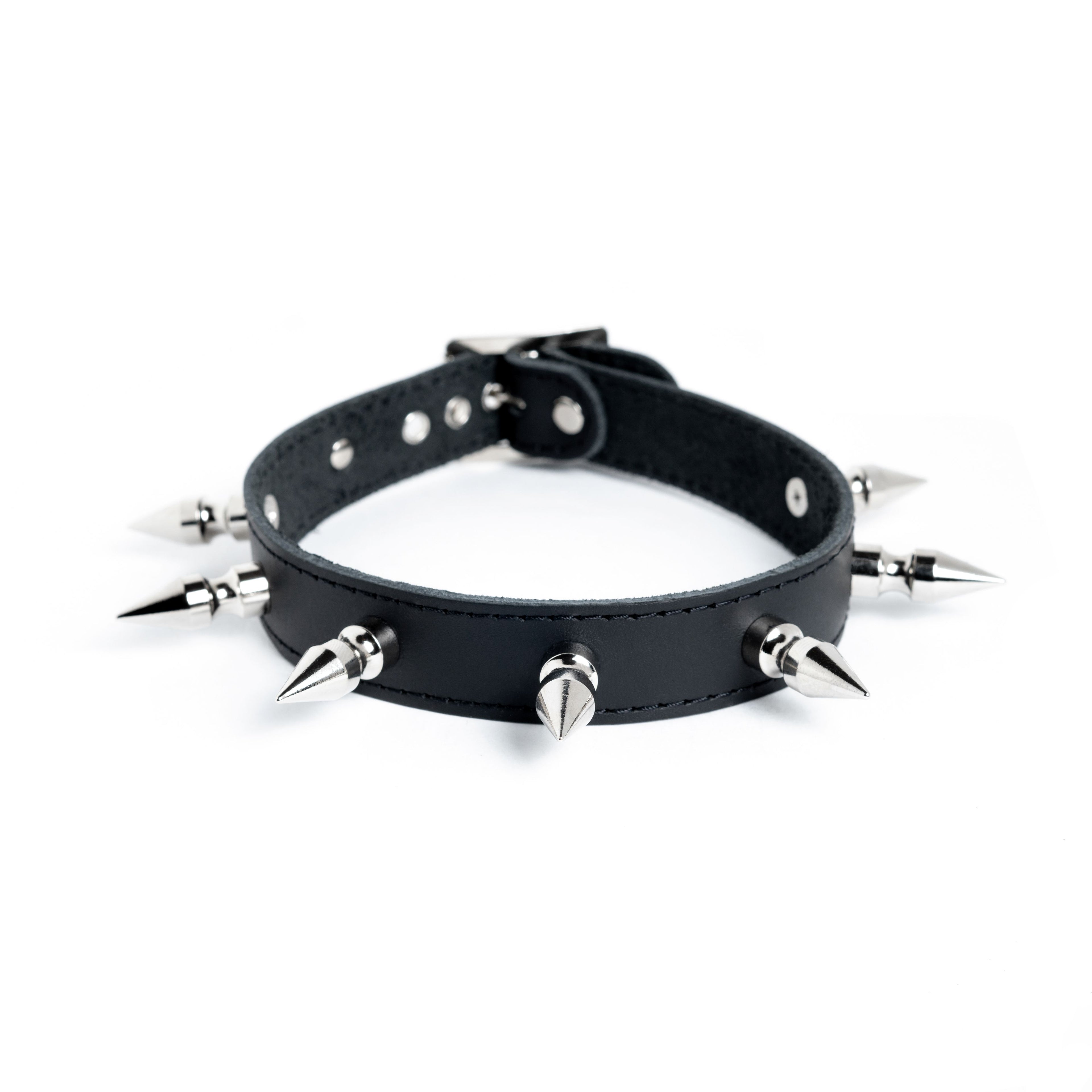 Addicted Excessories leather collar with large spikes, punk gothic boutique, gothic jewelry, handcrafted in Montreal Quebec Canada
