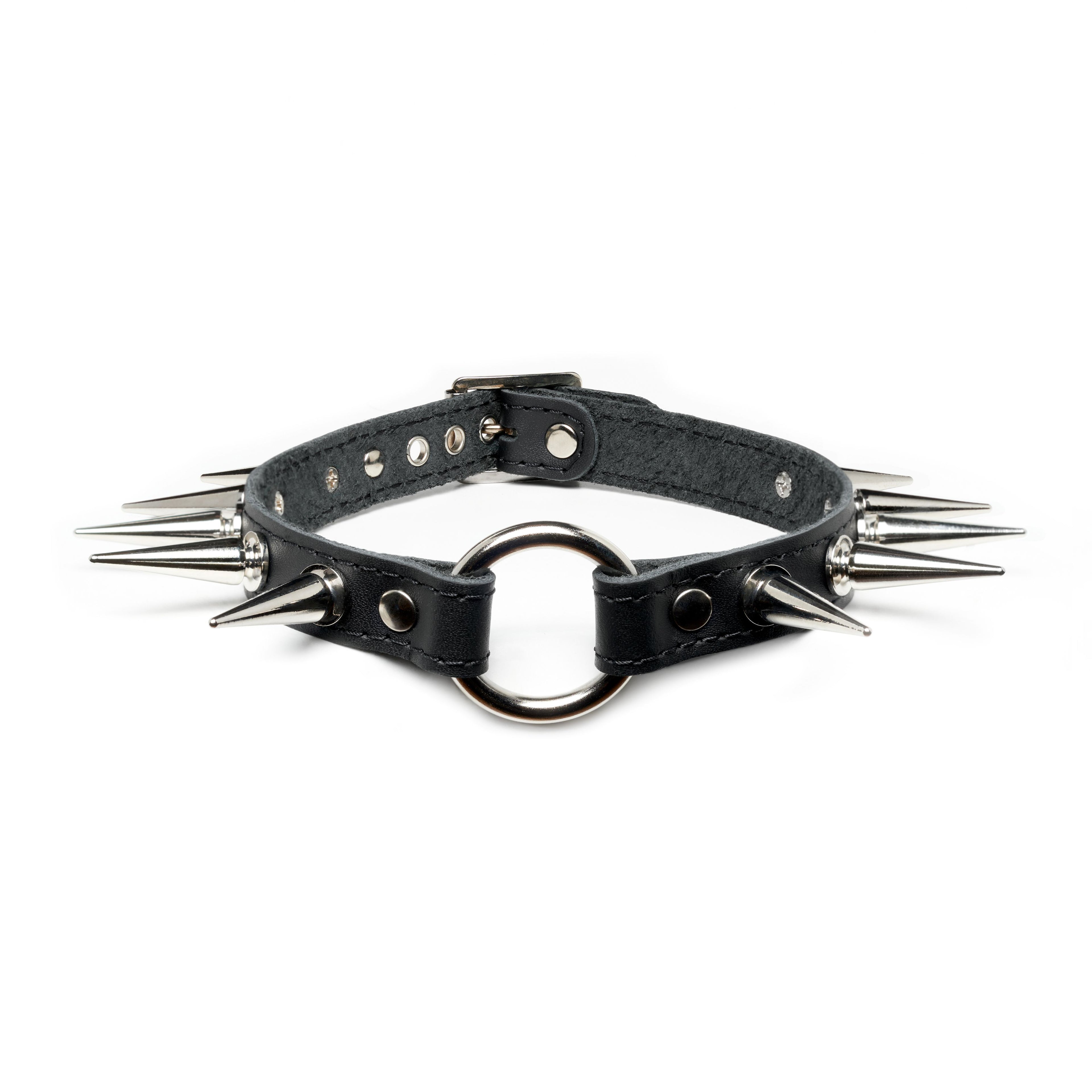 Addicted Excessories O-ring leather collar with long spikes, punk gothic boutique, gothic jewelry, handcrafted in Montreal Quebec Canada
