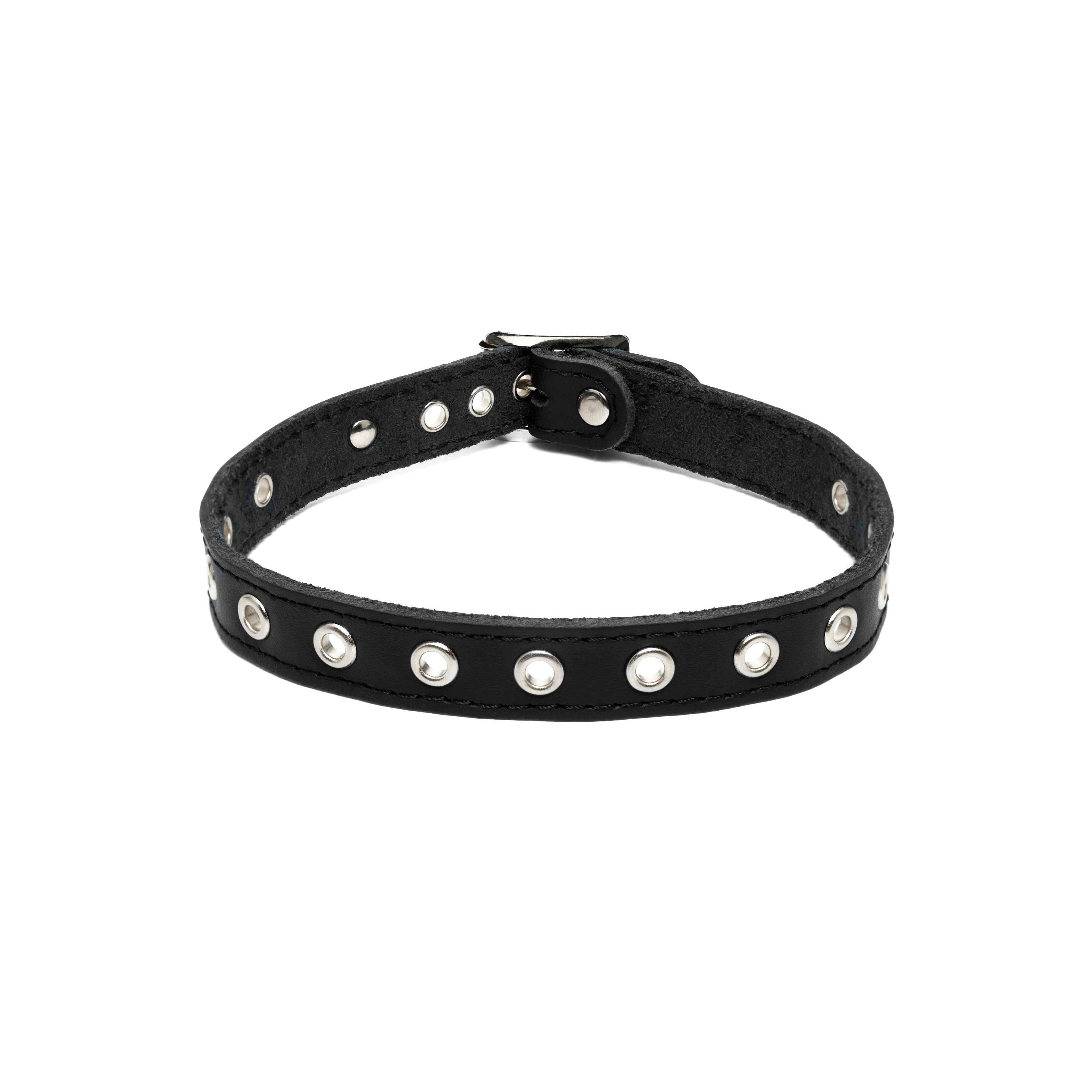 Addicted Excessories leather collar with silver eyelets, punk gothic boutique, gothic jewelry, handcrafted in Montreal Quebec Canada
