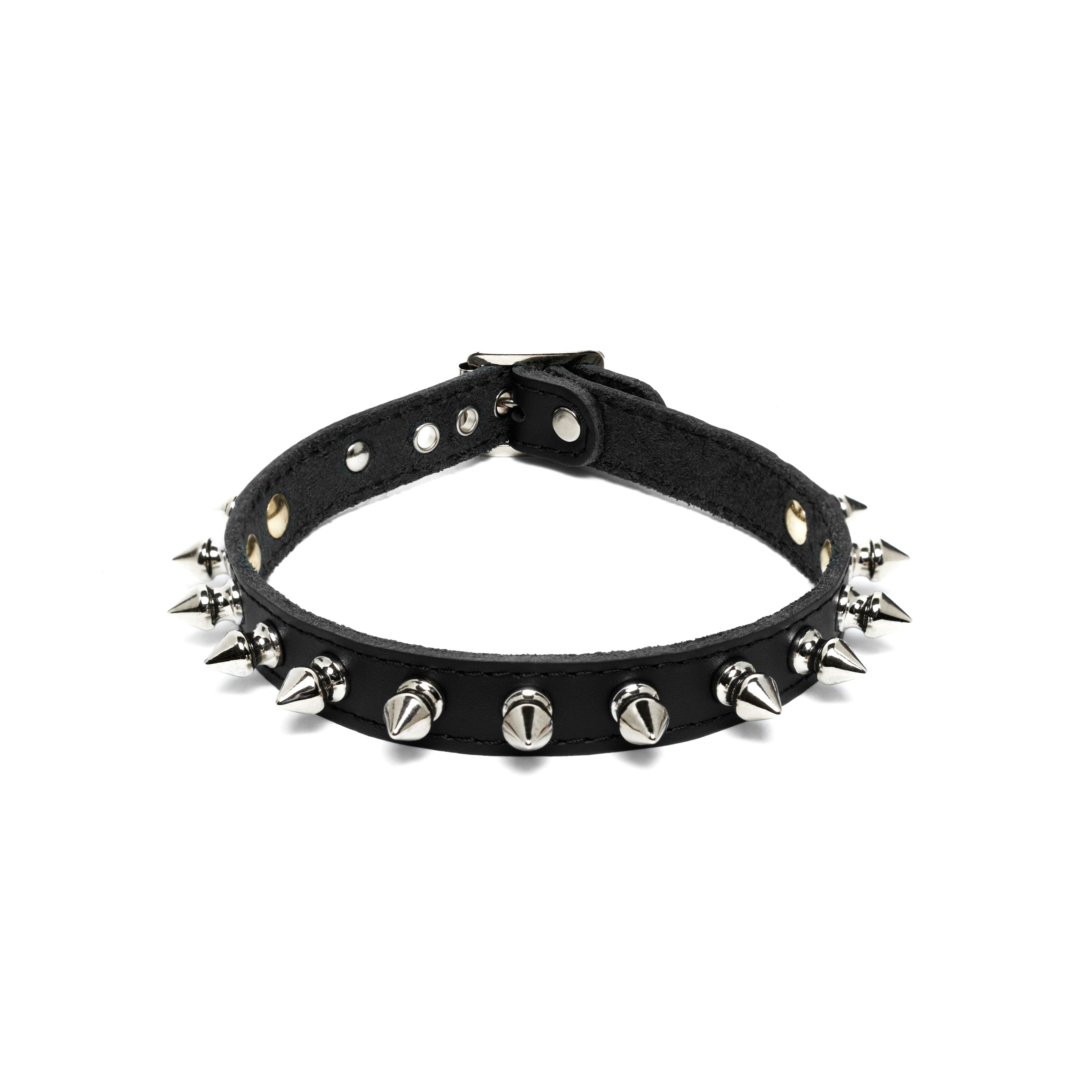 Addicted Excessories leather collar with small spikes, punk gothic boutique, gothic jewelry, handcrafted in Montreal Quebec Canada
