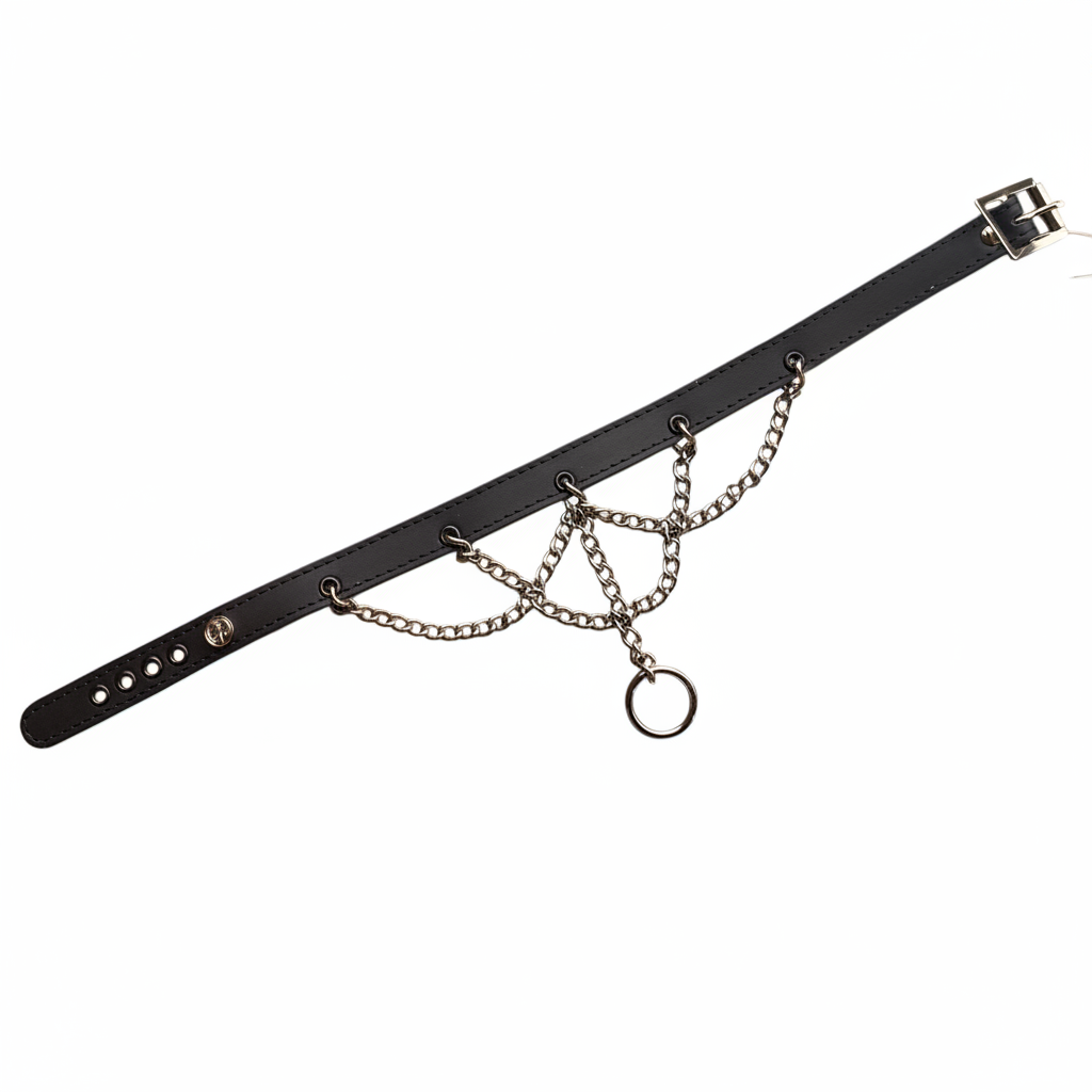 Addicted Excessories leather collar with chains and ring, detail view, punk gothic boutique, gothic jewelry, handcrafted in Montreal Quebec Canada
